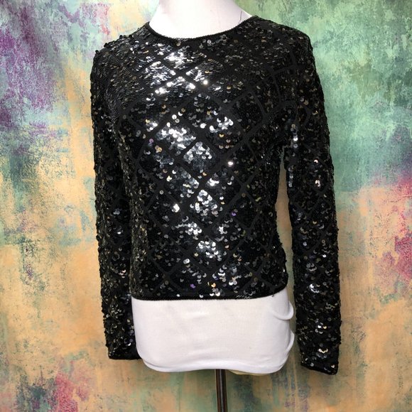 VTG 📌Cathy HARDWICK 80s Eye-Catching Formal Long Sleeves Wool Top with Sequins - Picture 9 of 11